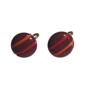 Vintage Round Brown Clip On Earring Striped Red Orange Design Retro Jewelry Gift